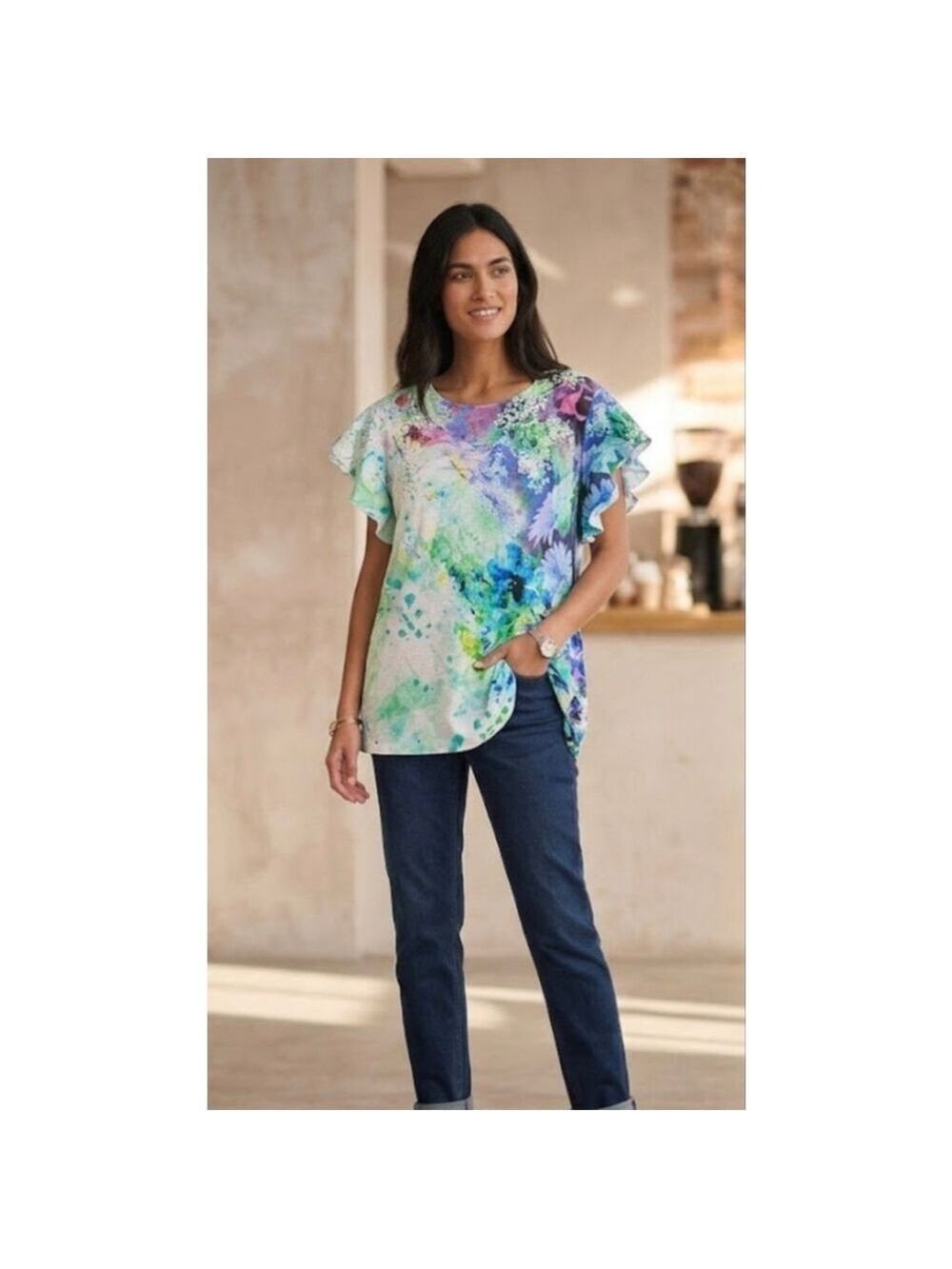 Time and Tru Flutter Sleeve Sublimation Floral Top XL